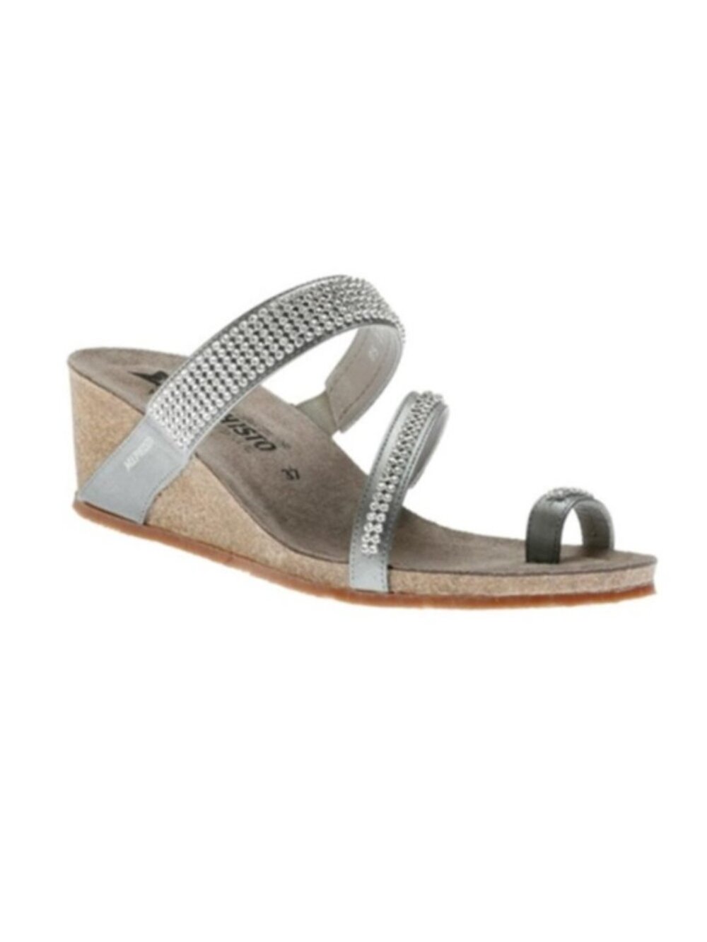 Mephisto Silver Rhinestone Leather Strap Wedge Milly Sandals - 38 / 7.5-8US